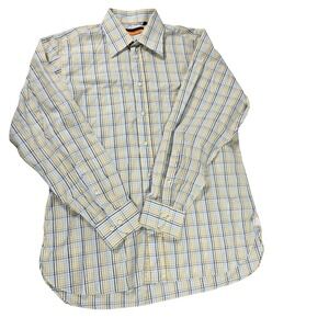 Davide Cenci Mens 16 41 Cotton Check Button‎ Down Shirt Italy Yellow Blue White